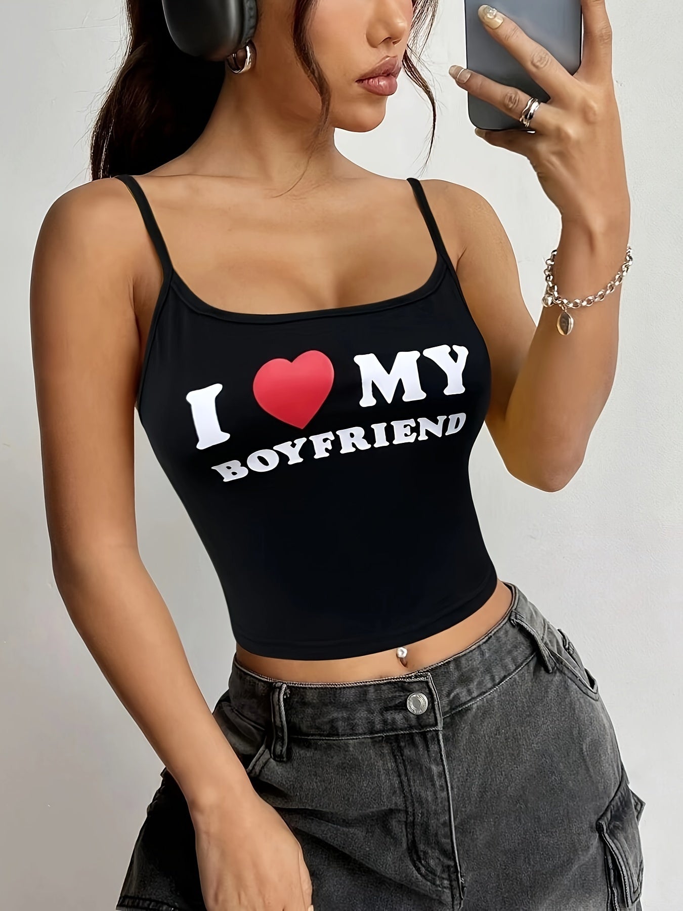 Letter Print Spaghetti Strap Top, Y2K Sleeveless Crop Cami Top For Summer, Women's Clothing